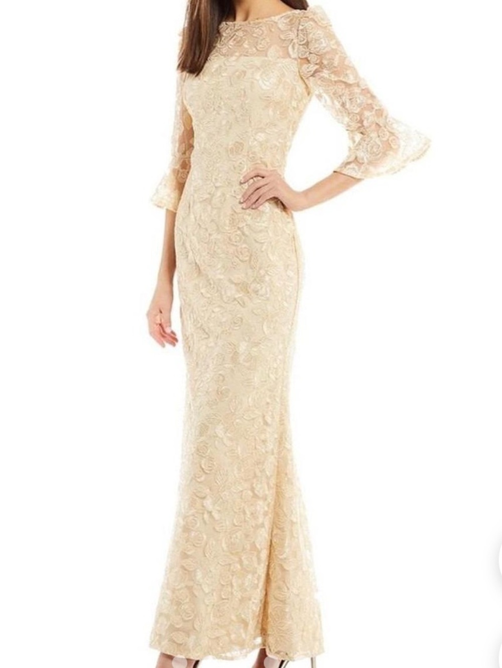 Adrianna Papell Gold Lace Floral Wedding Dress